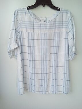 Liz Claiborne Linen Blend Plaid Short Sleeve Cuffed Blouse Top Blue M